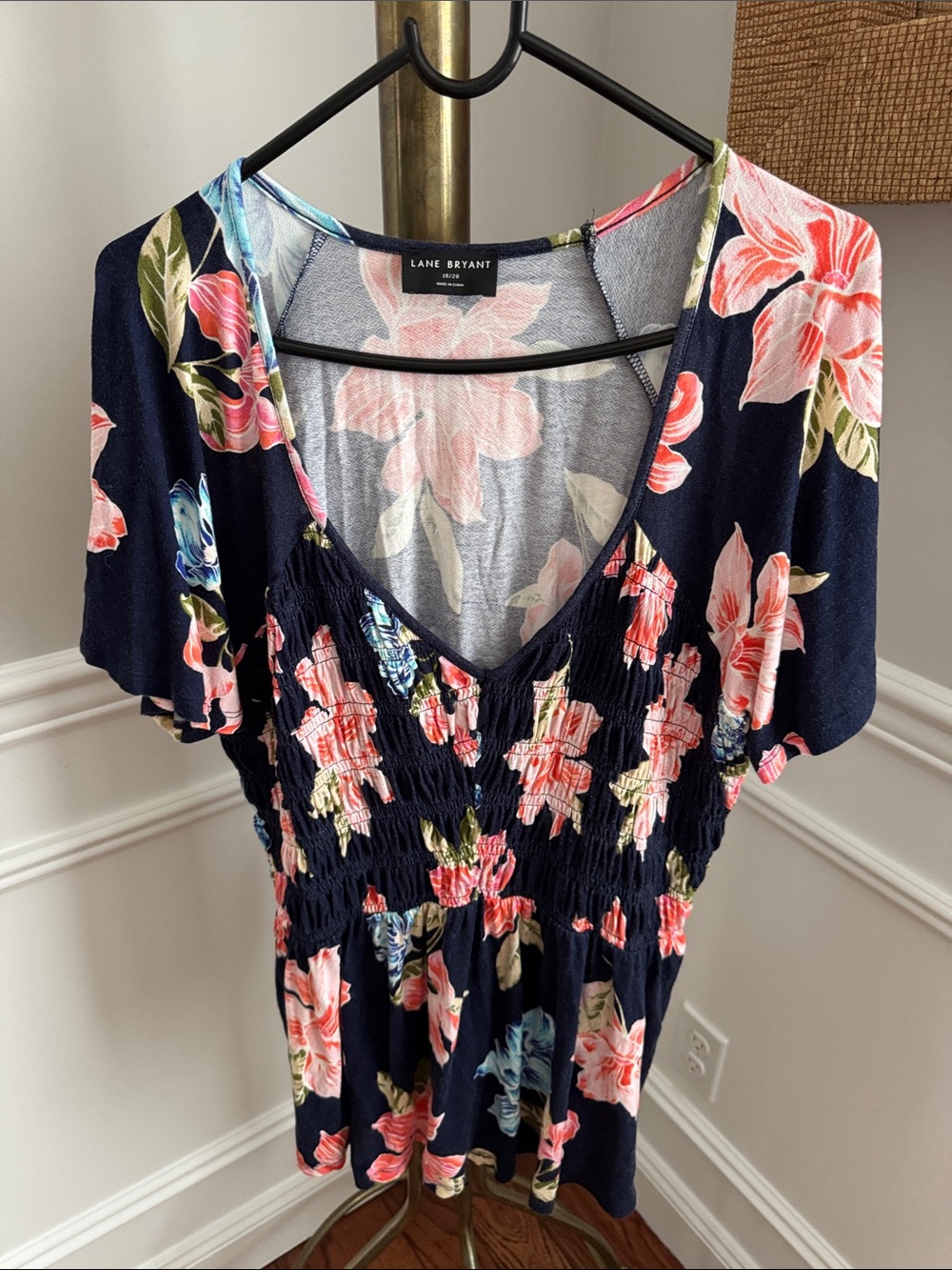 Lane Bryant Navy Floral V-Neck Smocked Blouse with Pink & Coral Flowers